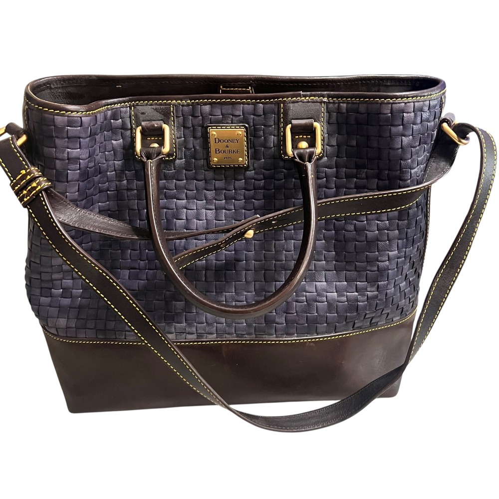 Dooney & Bourke Woven Leather Chelsea Tote Bag Navy Brown Satchel Shoulder Bag - Picture 2 of 9
